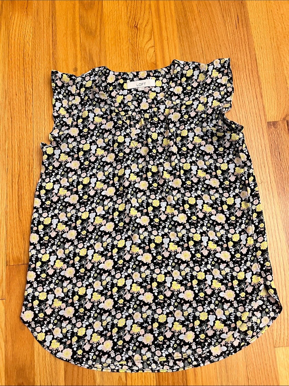 LOFT Black Floral Blouse with Yellow and Pink Blooms with V-neck